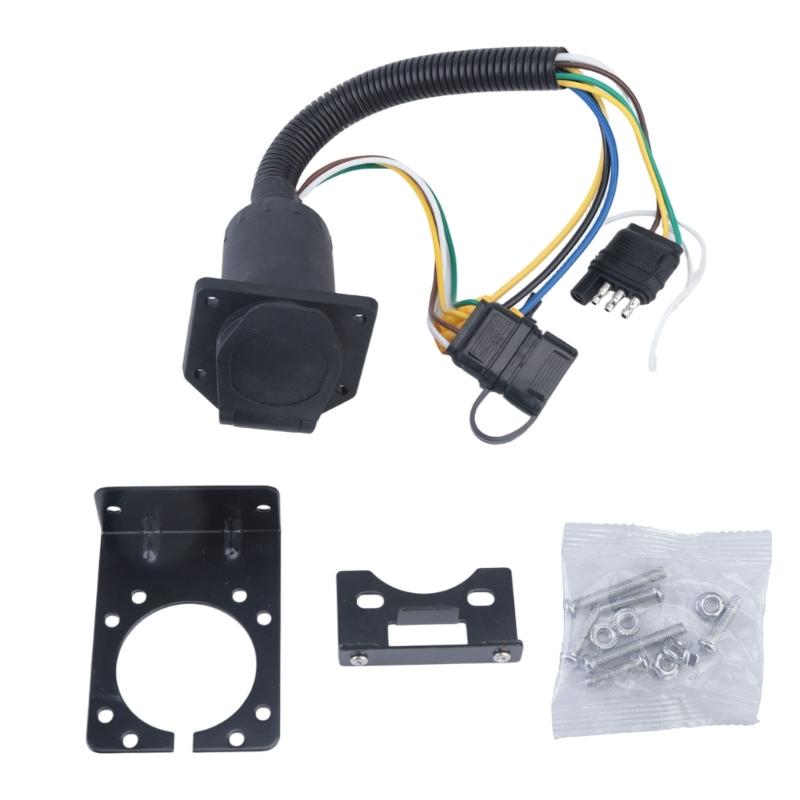 7 Way Trailer Socket Adapter with 4 Flat End and Mounting Bracket, Assembled Wiring Assembly with Flip Cover for Trailer Towing Light Use
