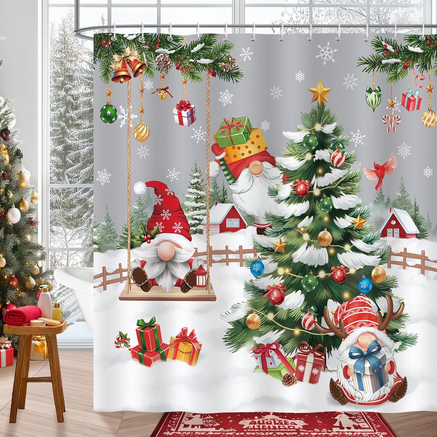 

Christmas Gnomes Shower Curtain With Grey Xmas Tree Pine Pattern, Waterproof Winter Holiday Bathroom Decor For Gift Idea W60H190(CM)-1 Pcs