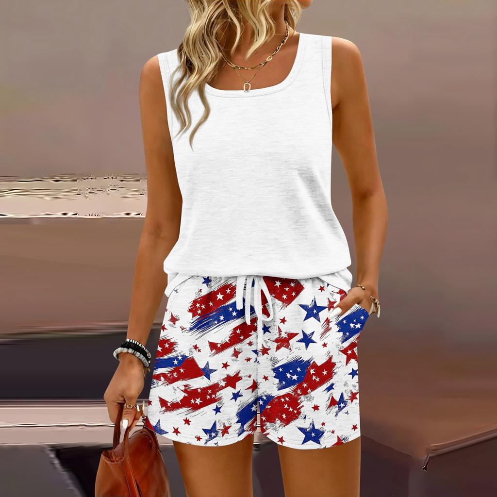 Women Summer Casual Two Piece Set Sleeveless Tank Top Square Neck Vest and Shorts with Pockets Lightweight Comfortable Fit