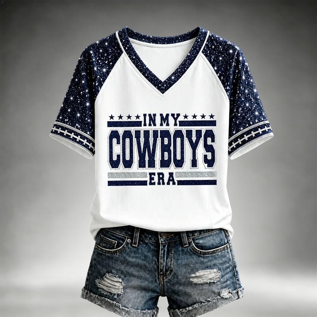 Women's Casual V-Neck Short Sleeve Tee with Football Team Print, Lightweight Breathable Summer Top