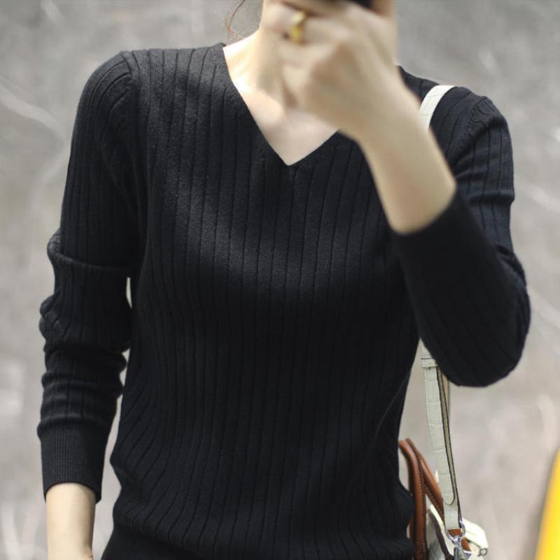 Autumn New Thin Casual Pullover Sweater Women Long Sleeve Base V-neck Knitted Sweater for Women Winter Bottoming Slim Fit Female Knitwear Tops 24744