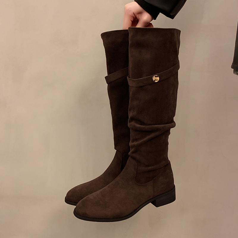 Winter Fashion Pleated Slim Women Knee High Boot Square Heels Thigh High Booties Long Shoes