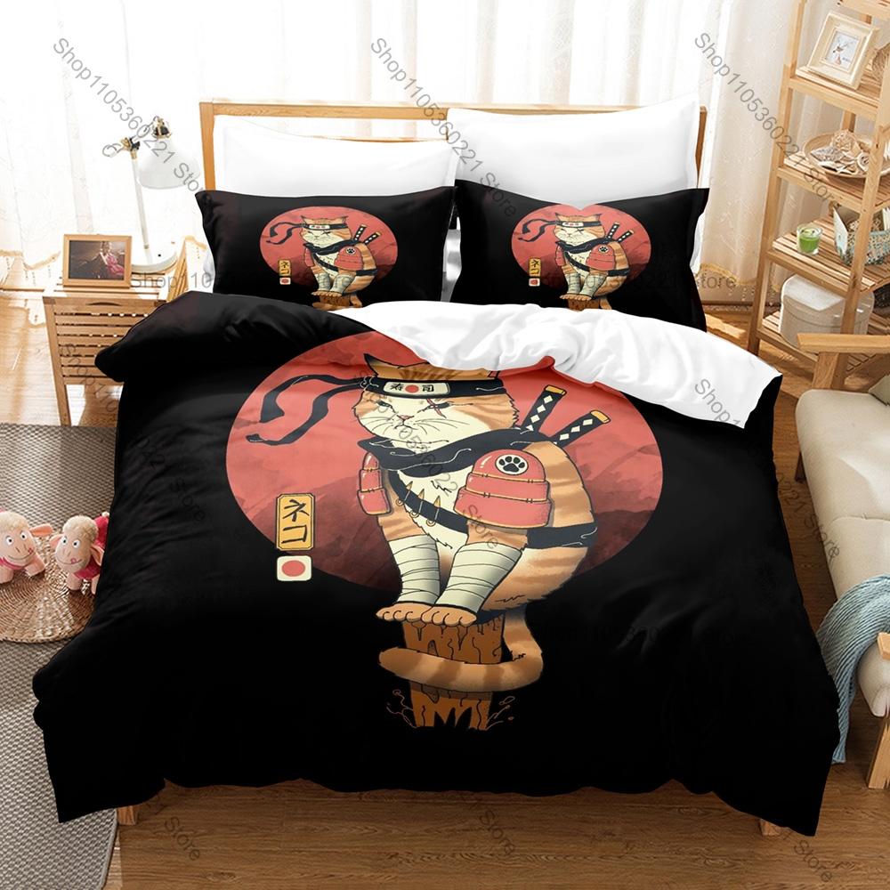 Cool Japanese Samurai Cat Bedding Set Duvet Cover + 2 Pillowcases Cute Ninja Cat Katana Sakura Ukiyo-e Bedroom Decor