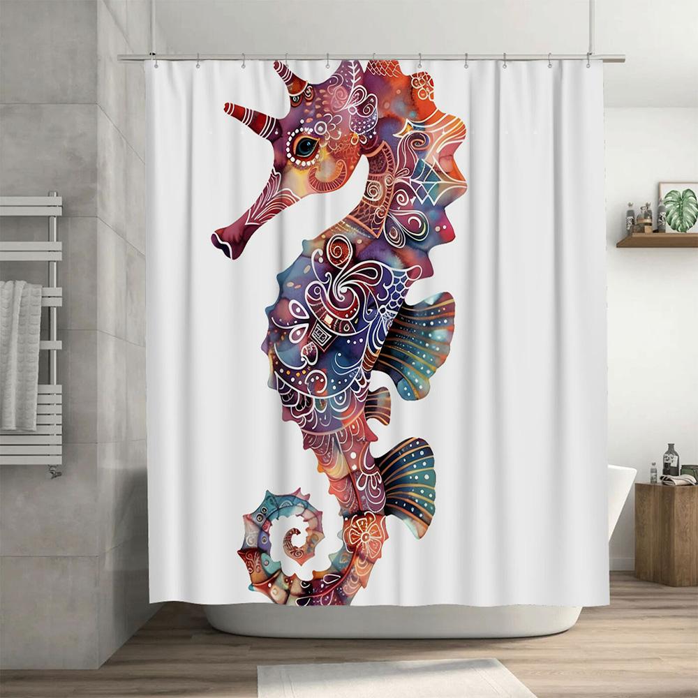 Colorful Seahorse Shower Curtain Unique Bath Decor for Kids Bedroom or Living Room Printed on Fabric Waterproof Easy Installatio
