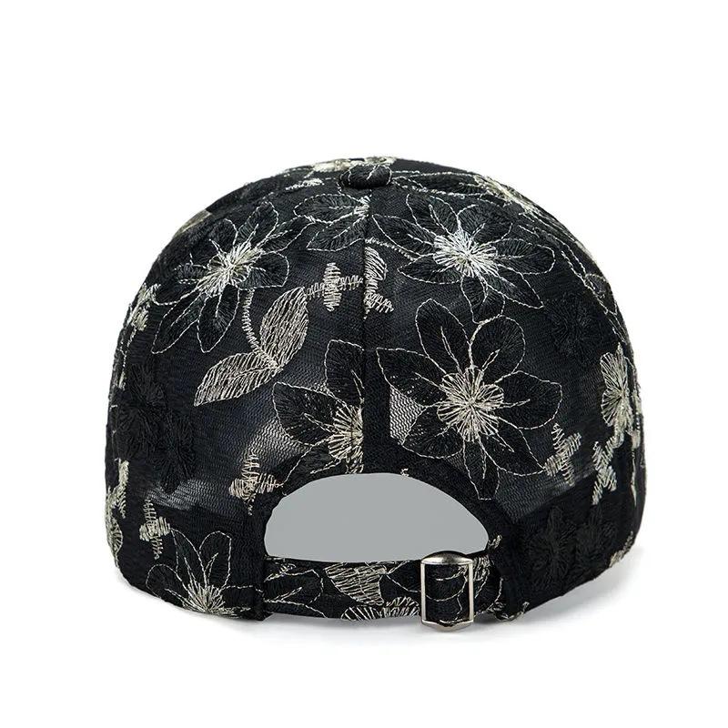 Women'S Summer Breathable Lace Flower Baseball Cap, Polyester Knit Fabric, Stretch Fit, Fashionable Hollow-Out Design