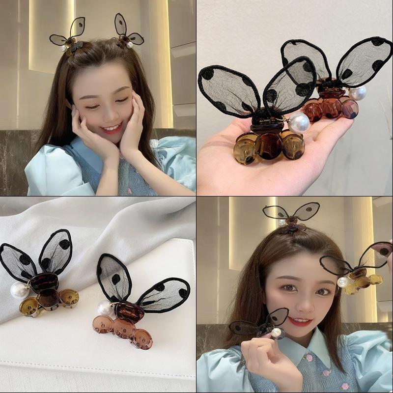 New Super Cute Polka-dot Lace Stereo Rabbit Ears Clip Bangs Broken Hair Clips Pearl Headdress Hairpin Women