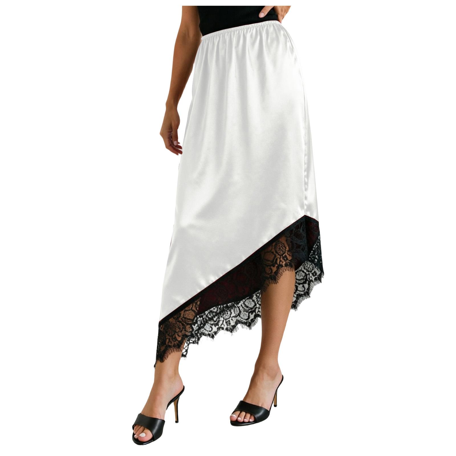 Women s Satin Skirt with Lace Trim Half Length Elastic Waistband Asymmetric Hemline Midi Skirt Comfortable Soft Fabric M бежевый
