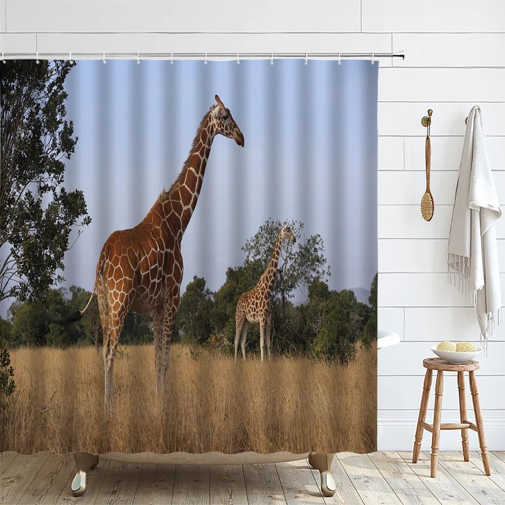 Funny Animal Shower Curtain Giraffe African Wildlife Kid Boy Bath Curtains Modern Waterproof Fabric Bathroom Decor With Hooks