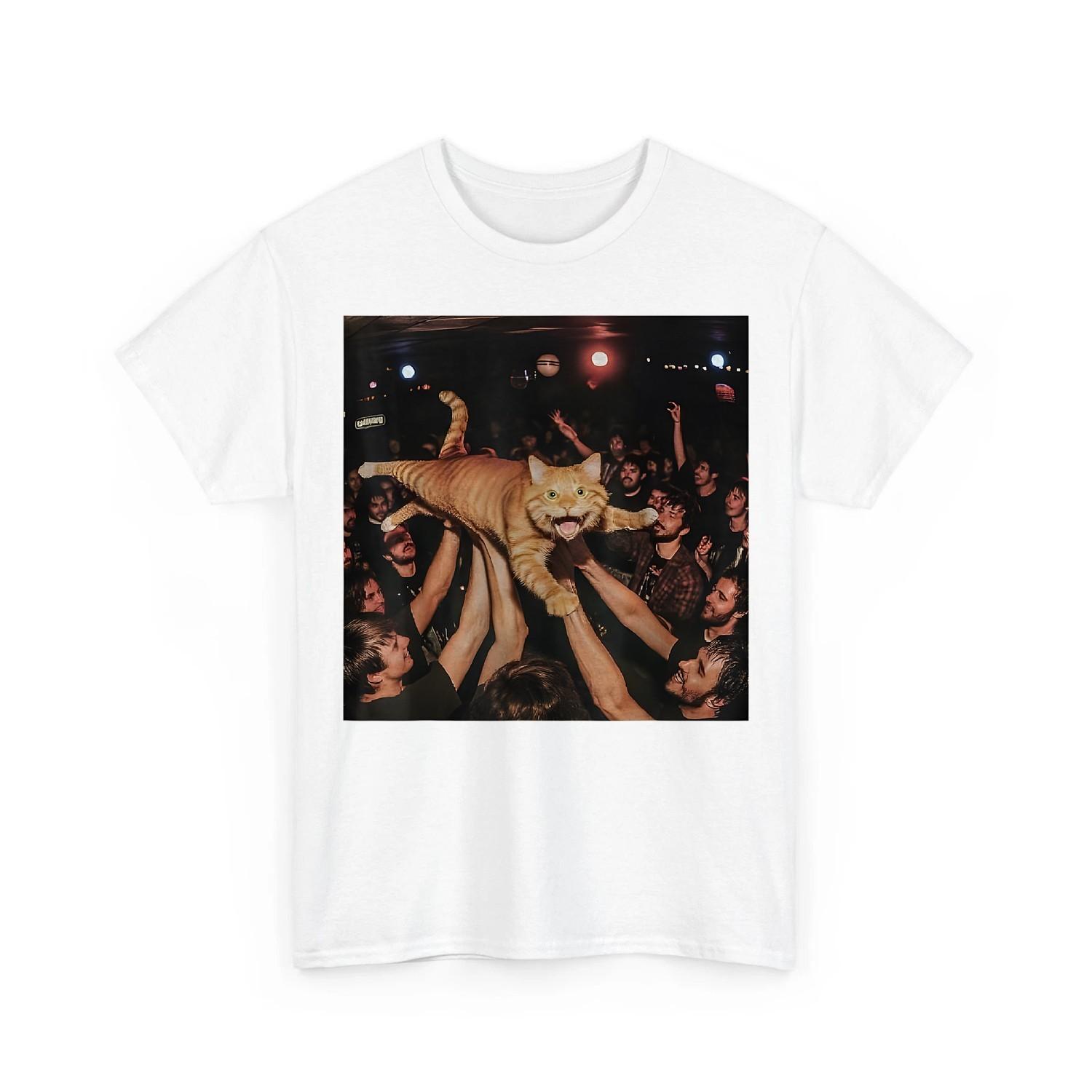 Funny Rock Show Cat Meme Cute Tabby Kitten Crowd Surfing Unisex T-Shirt XL