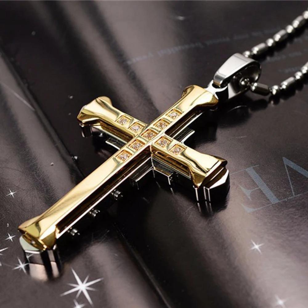 New Male Crystal Cross Jesus Pendant Gold/Black/Blue Color Zirconia Cross Pendant Necklace Stainless Steel Jewelry