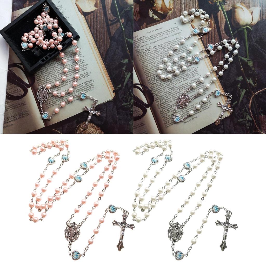 Crucifix Cross-Charm Long Chain Rosary Beads Catholic Necklace for Women Christian Amulet Necklace Religious Jewelry