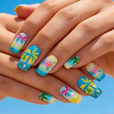 Unhas Coloridas de Primavera-Verão Usáveis: Design de Palmeira de Coco e Lótus, 24 Peças Removíveis