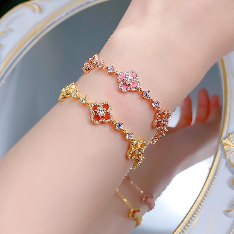 Bracelet Hui Zhiyi S925 Argent Rose & Trèfle à Quatre Feuilles Réglable pour Femmes