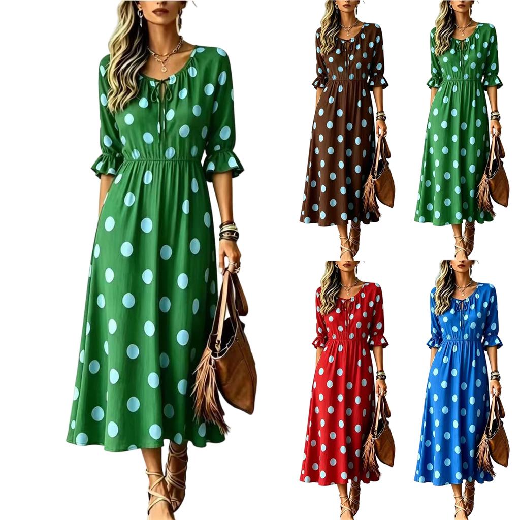 Damen Polka Dot Print Schmeichelhaftes Taillenbetonendes Midi-Kleid für Urlaub und Resort