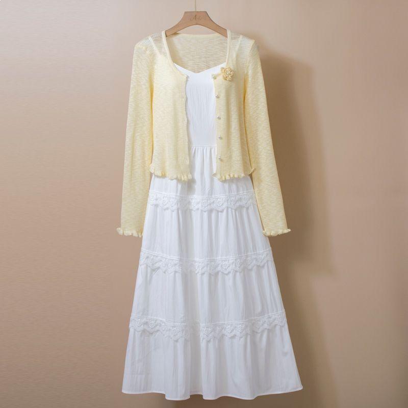 Sweet 2026 White Camisole & Knit Cardigan Skirt Set – New Fashion Two-Piece Dress