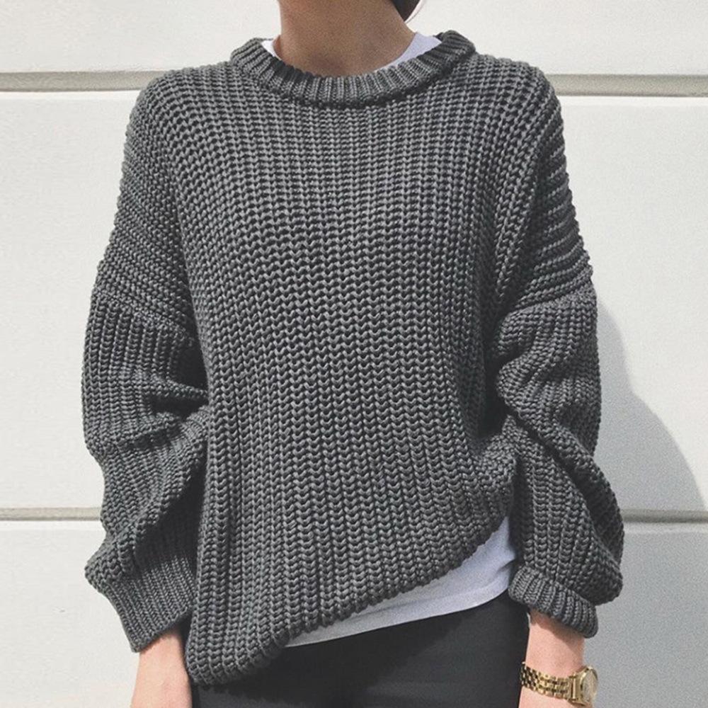 Round Neck Loose Sweater Women's Solid Color Loose Pullover Simple Basic Style Long Sleeves Thick Warm Top Bottoming Shirt Autumn and Winter