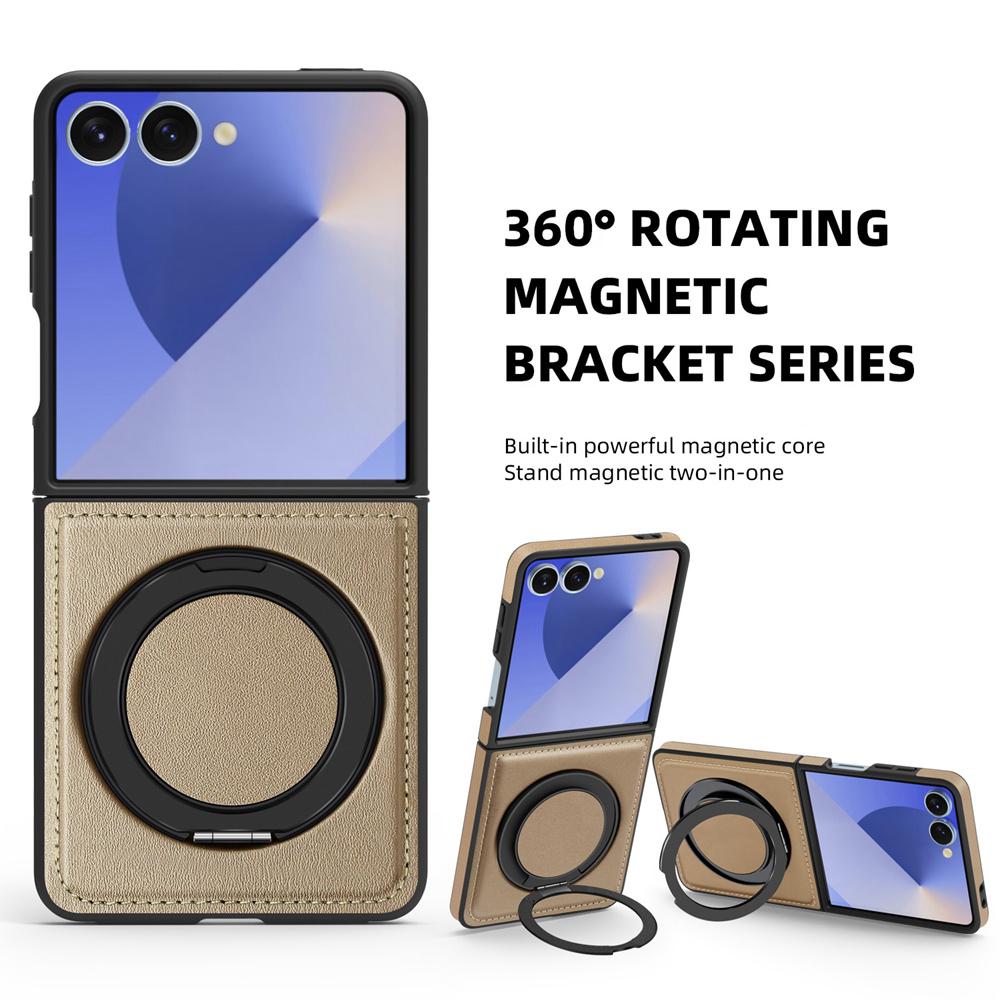 KEYSION 360° Rotating Magnetic Ring Stand PU Leather Case for MagSafe for Samsung Z Flip 7 5G 7 SE Wireless Charging Phone Cover