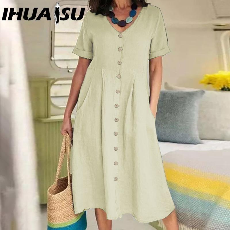 IHUASU Women Summer Casual Cotton V-Neck Short Sleeve Button Dress