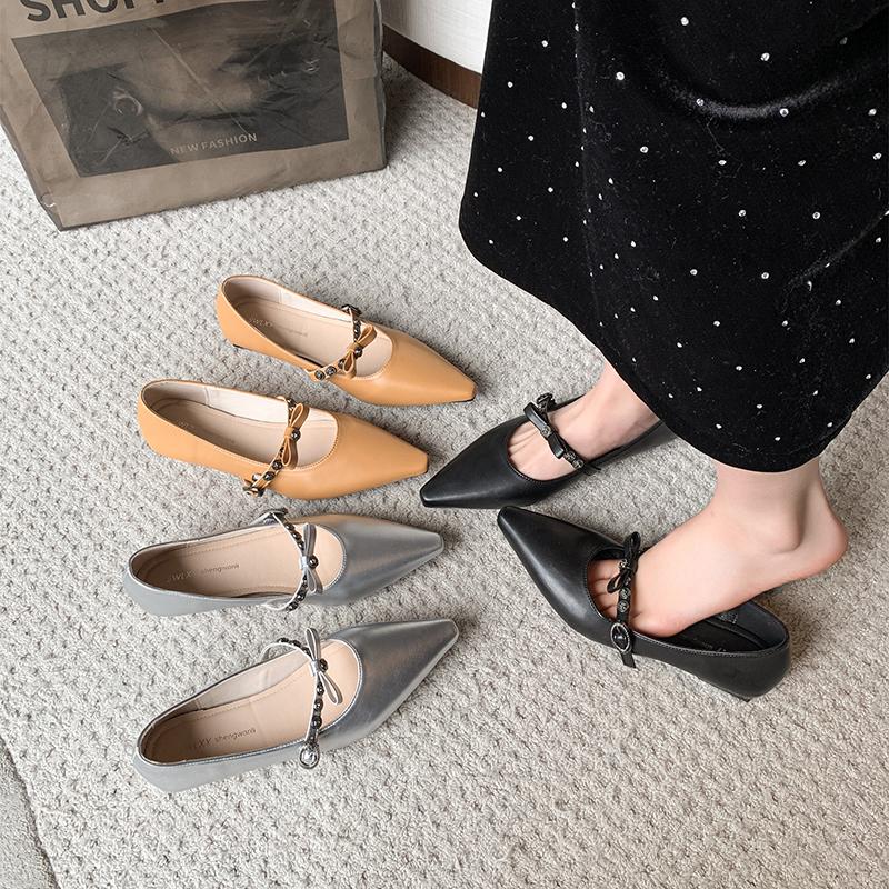 Fashion 2025 New Women's Leather Metal Buckle Sweet Bowtie Pointed Toe Slip-on Mary Jane Pumps Elegant Ladies Square Heeled Shoes