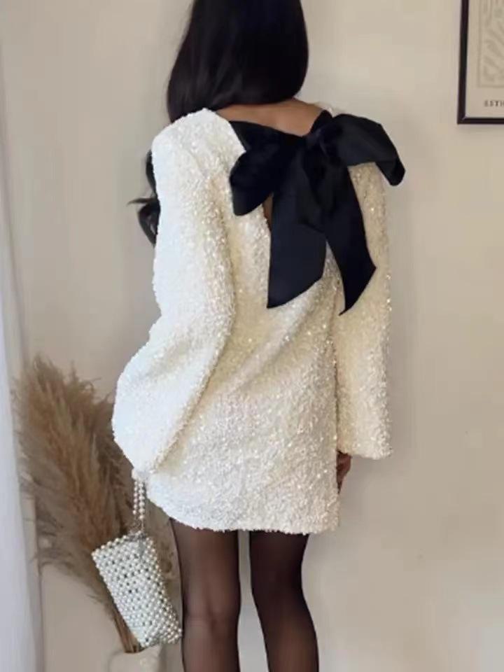 2024 Spring Women's Sequin Round Neck Long Sleeve Loose Fit Short Dress