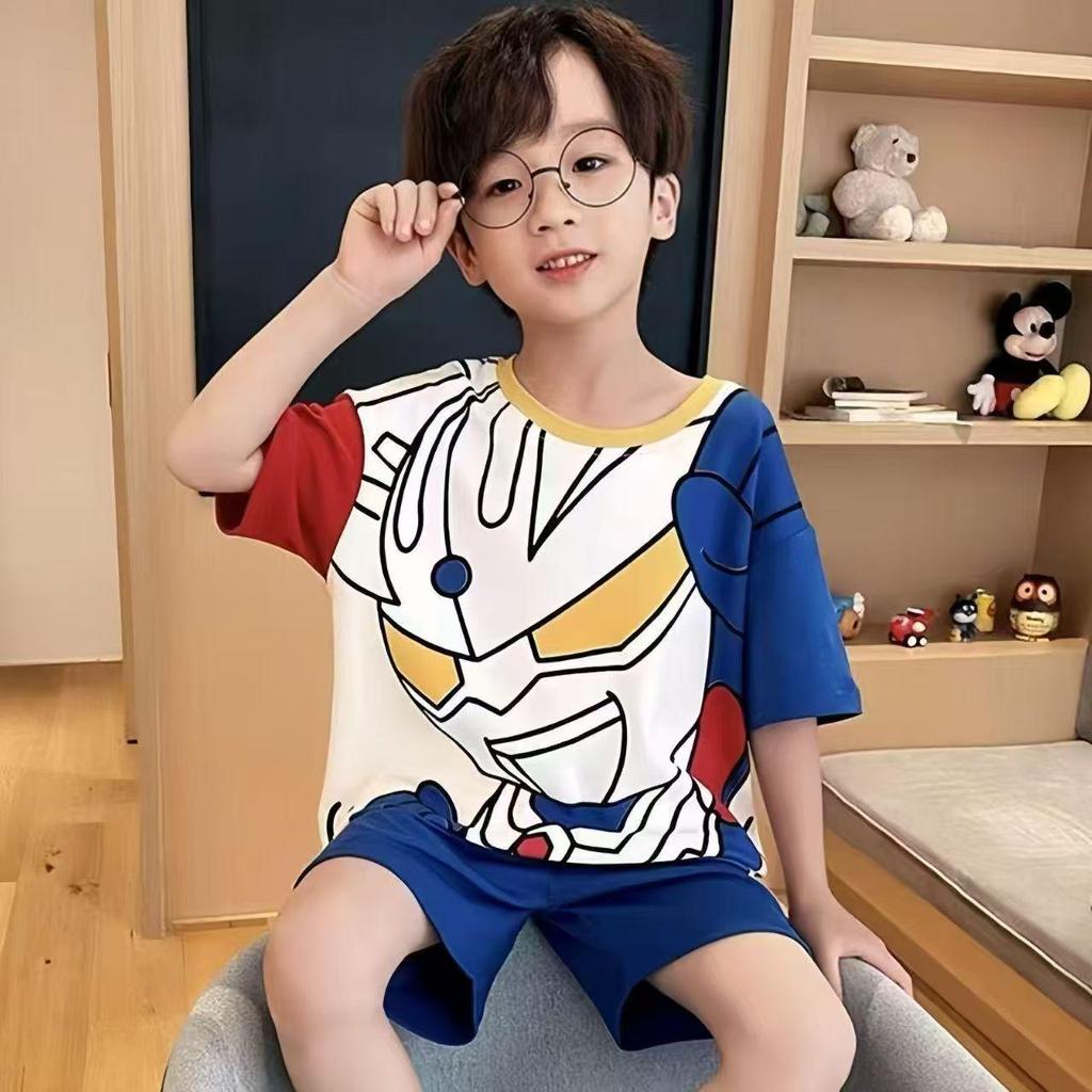 Cartoon Short-Sleeve Summer Pajama Set for Little and Older Boys