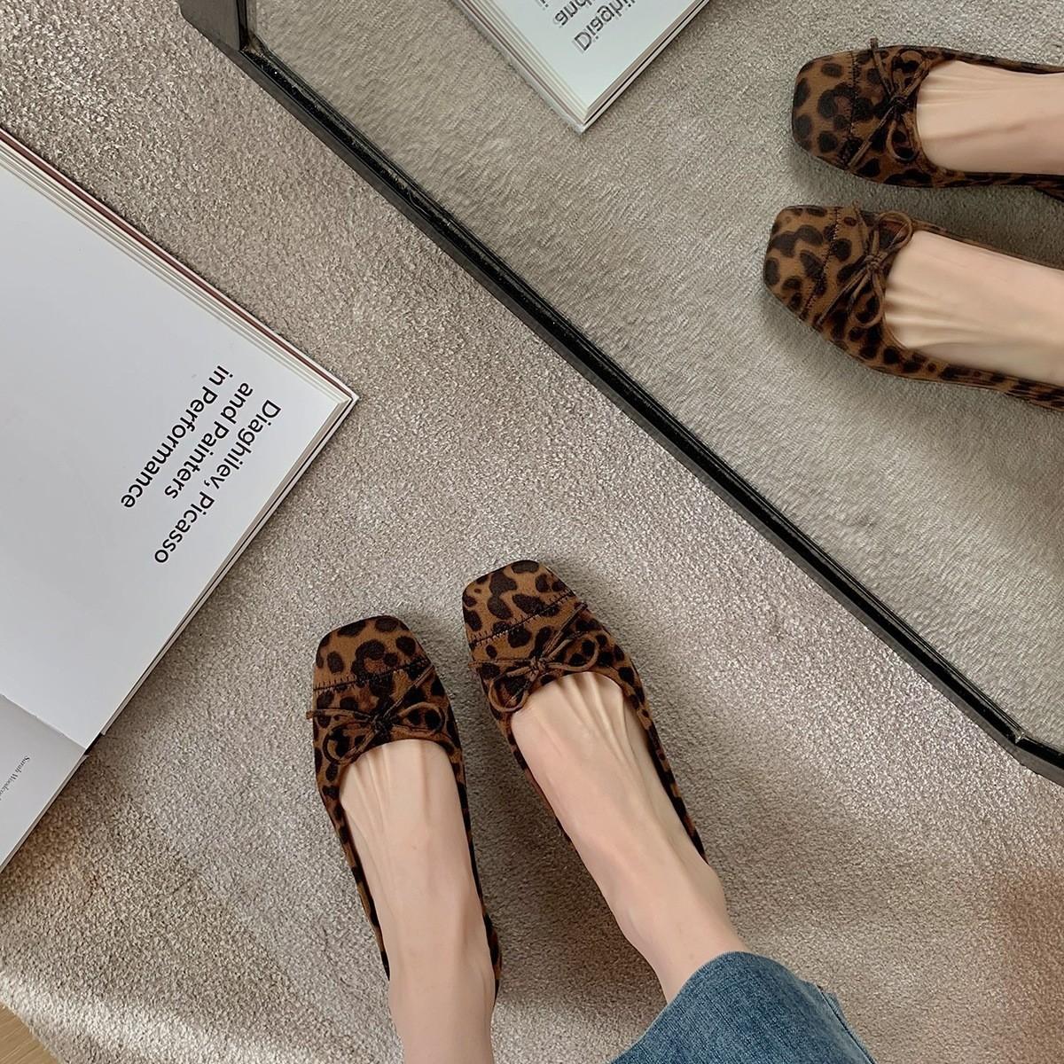 

Super soft lambskin leopard print genuine leather Mary Jane single shoes women s French bow ballet style flat shoes soft-soled ladyshoes 35