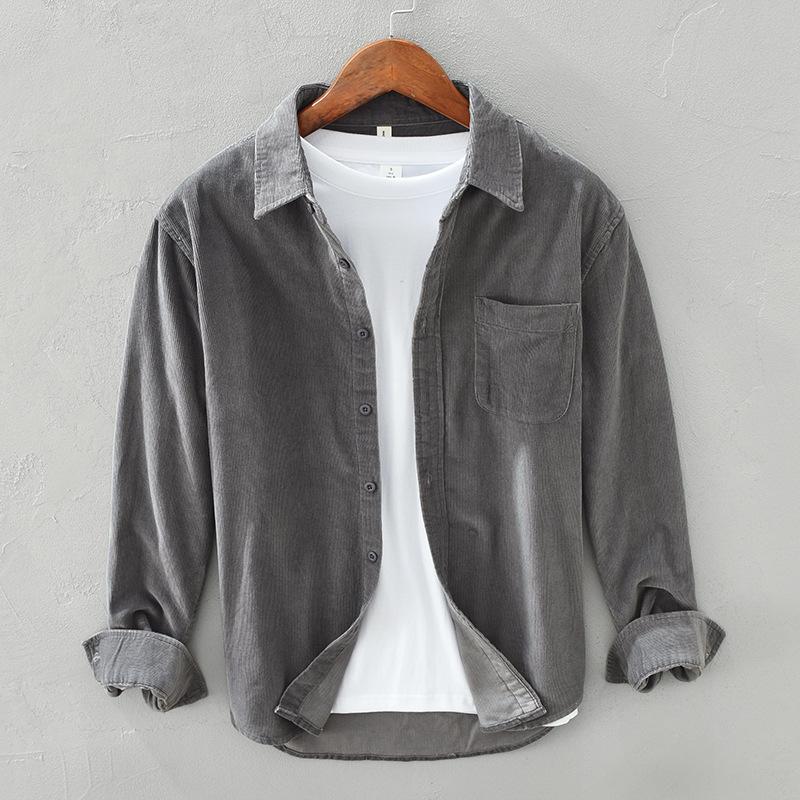 Korean Fashion Men Tops Spring/Autumn Daily Casual Long Sleeve Pure Cotton Shirts Square Collar Corduroy Solid Color Shirt Simple Style Men Clothing