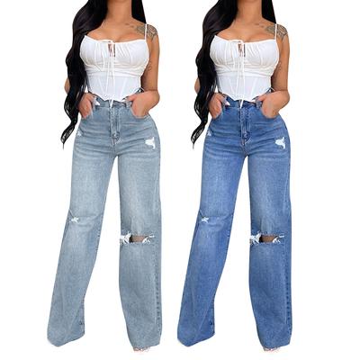Damen Jeans Lange Hohe Taille Zerrissene Kante Bequeme Hose Mit Weitem Bein