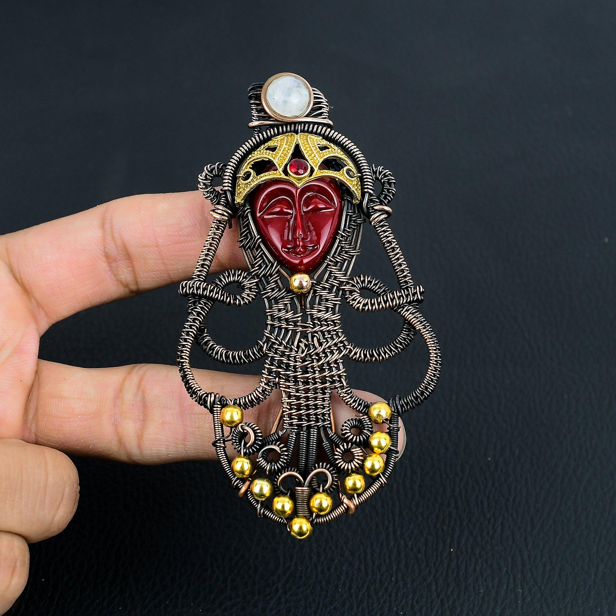 

Carved Red Face & Moonstone Jewelry, 999 Copper Wire Wrapped Pendant Handmade Gemstone Jewelry, Gifts For Wife Brand New Pendant 2.55 Inches