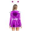 Womens Space Alien Costume Long Sleeve A Line Dress Metallic Shiny Front Zipper Design Astronaut Cosplay