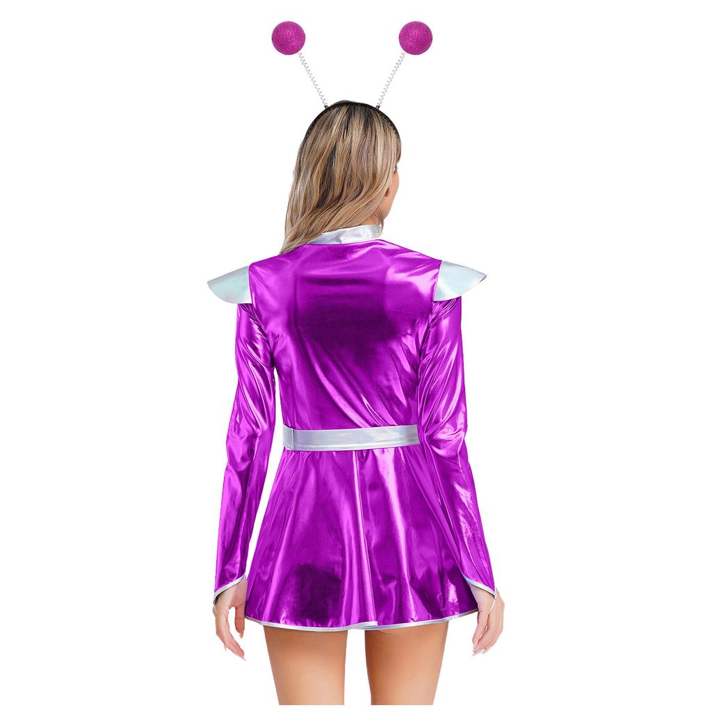 Womens Space Alien Costume Long Sleeve A Line Dress Metallic Shiny Front Zipper Design Astronaut Cosplay