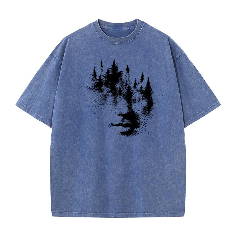 Funny Forest Face Youth Washed TShirt Classic Father Day Short Sleeve ONeck Pure Cotton Tees Hip hop Washed TShirt