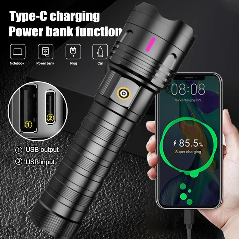 1/2PCS High Power Long Range LED Flashlight Zoomable Type-C Rechargeable Tactical Handheld Light for Outdoor Camping Fishing