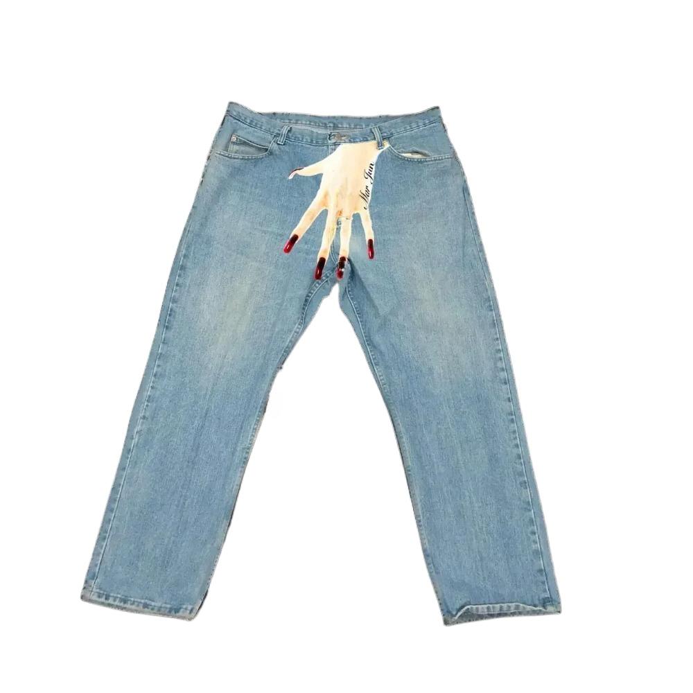 ZYLLO Streetwear Jeans Y2K Gothic Hip Hop Finger Graphic Print Retro Blue Baggy Jeans Men Women Fashion High Waisted Wide Leg Trousers