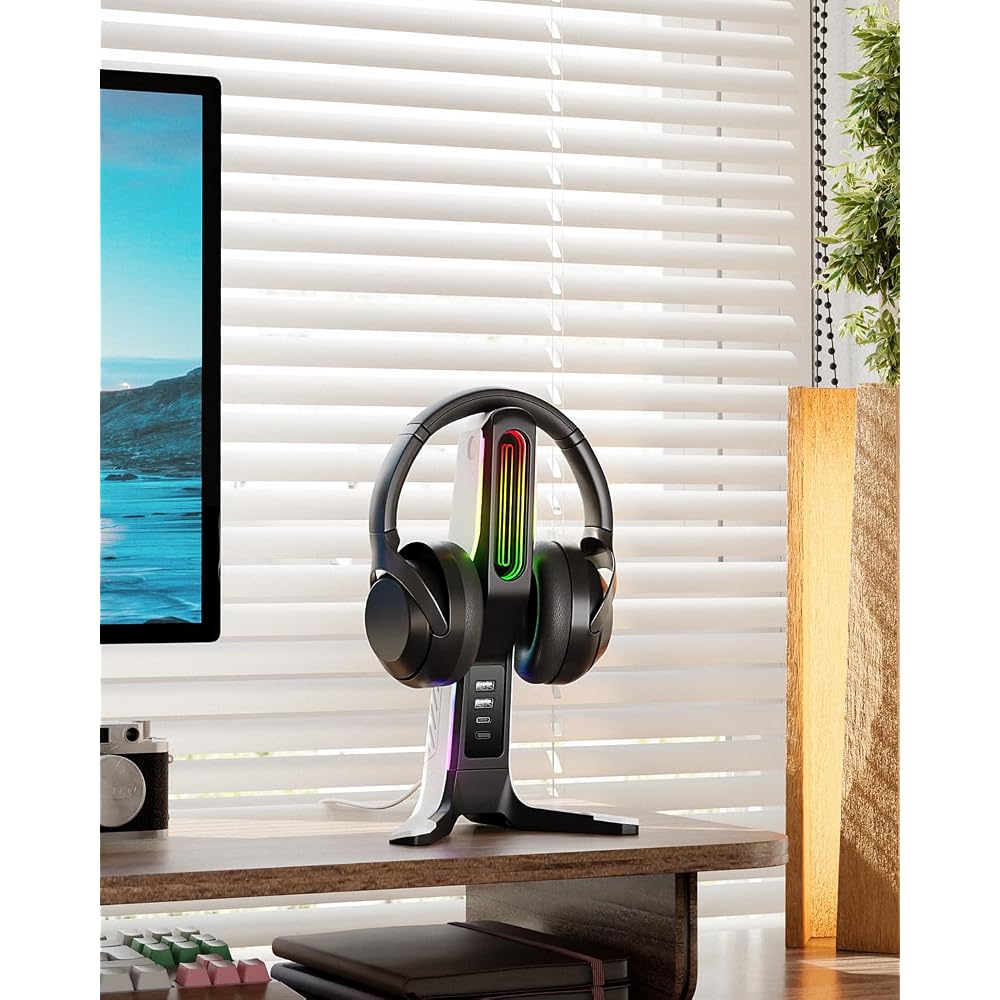 IFYOO RGB Gaming Headset Stand with 2 USB Ports and 1 Type-C Port Black and White Gaming Accessory for PC Xbox PS5 PS4