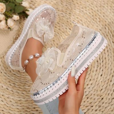 Flat Sandals Women'S Platform Rhinestones Glitter Sneakers Fashion Cute Bow Comfy Breathable Canvas Hand Stitching Slip Walking