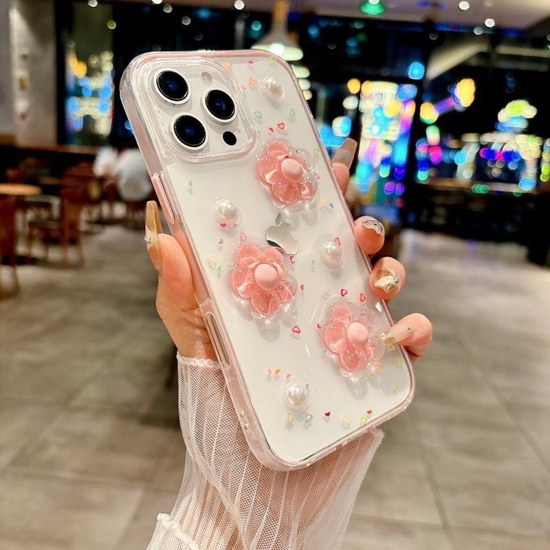 INS Korea 3D Flower 2 IN 1 Transparent Phone Case For iPhone 17 16 12 13 14 15 Pro Max Shockproof Frame Clear Soft Cover