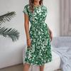Women High Waist A Line Floral Pleated Long Dress Short Sleeve Spring Summer