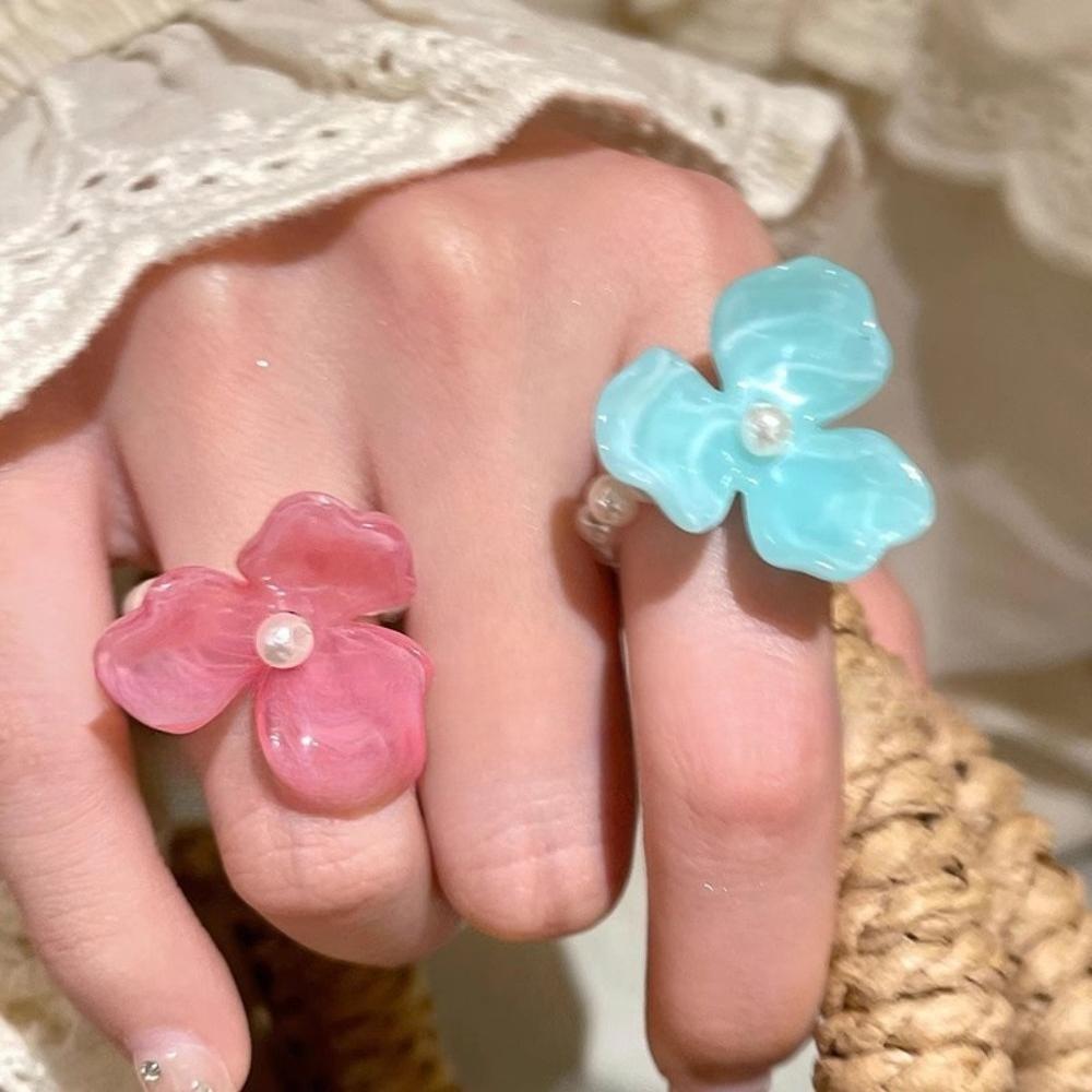 Romantic Fashion Dopamine Colorful Flower Imitation Pearl Beaded Rings for Women Sweet Vacation Finger Jewelry Accessories Gift