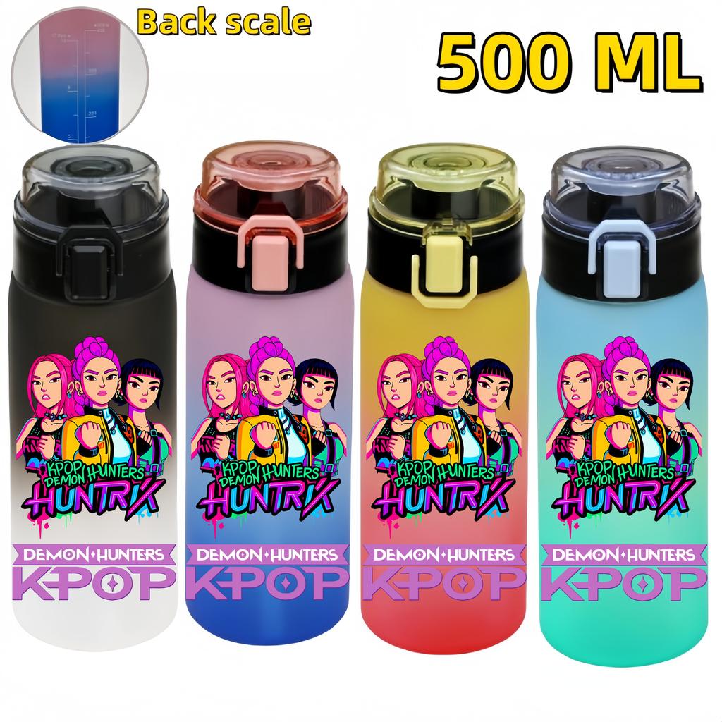 KPop Demon Hunters Sports Water Bottle Portable Leak Proof Plastic Cup Level Line Outdoor Fitness 500ML with for Kid Friendly Entertaining Fun Play