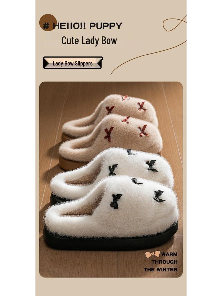 Women's Bowknot Plush Cotton Slippers - Thick, Warm, Non-slip Indoor Footwear for Autumn/Winter 2025