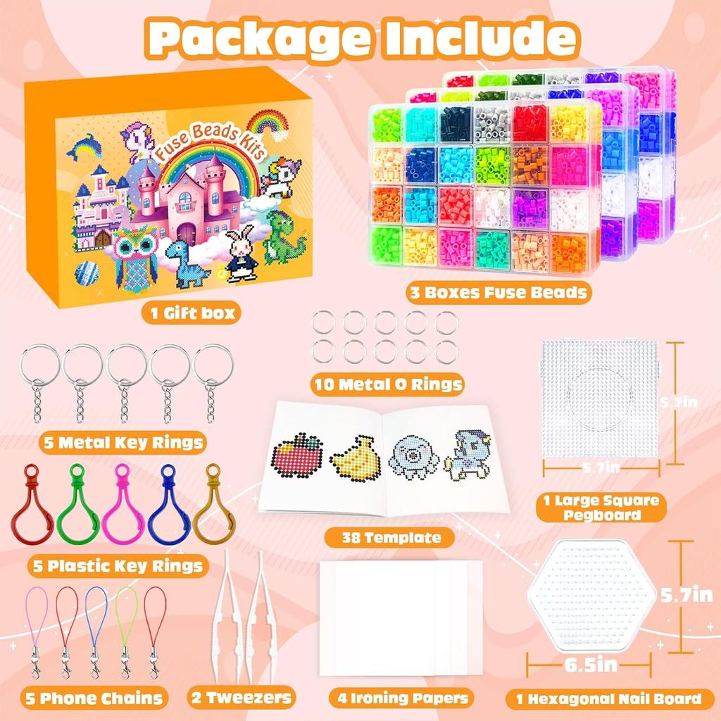 Fuse Beads Kit - 72 Colors 5mm Fuse Beads Set with Pegboards, Ironing Papers and Accessories, Fuse Beads 3 Boxes, DIY Craft Kits for Kids, Arts and