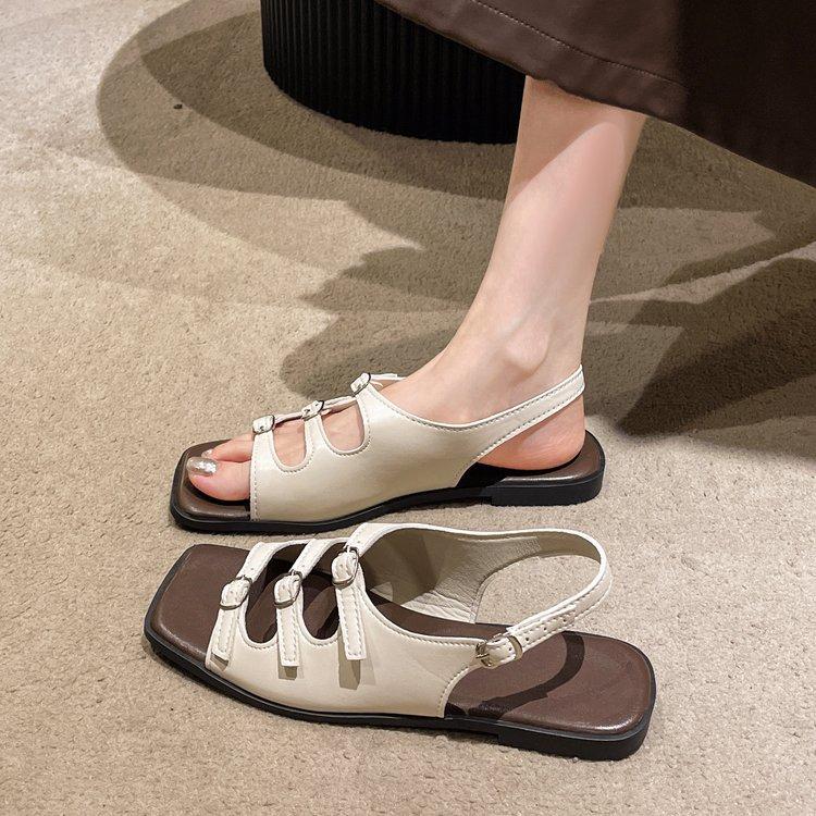 Women's Roman Strap Sandals Belt Buckle Flat Women's Casual Outdoor Sandals Thick Bottom Leather Slippers Metal Buckle Slippers
