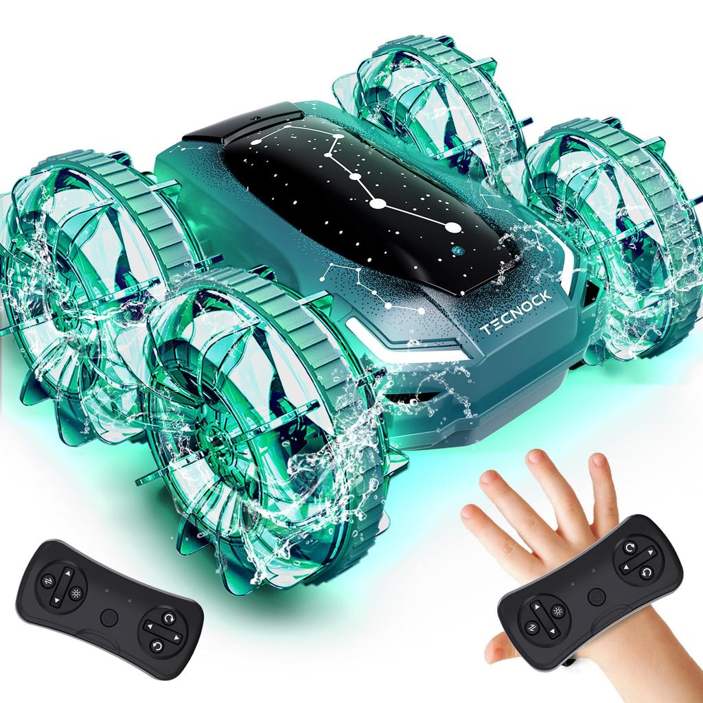 Tecnock RC Car, Amphibious, USB Magnetic Rechargeable, Gesture Control, 360° Rotation, Double-Sided Driving, Stunt Car for Kids, Gift (Green)