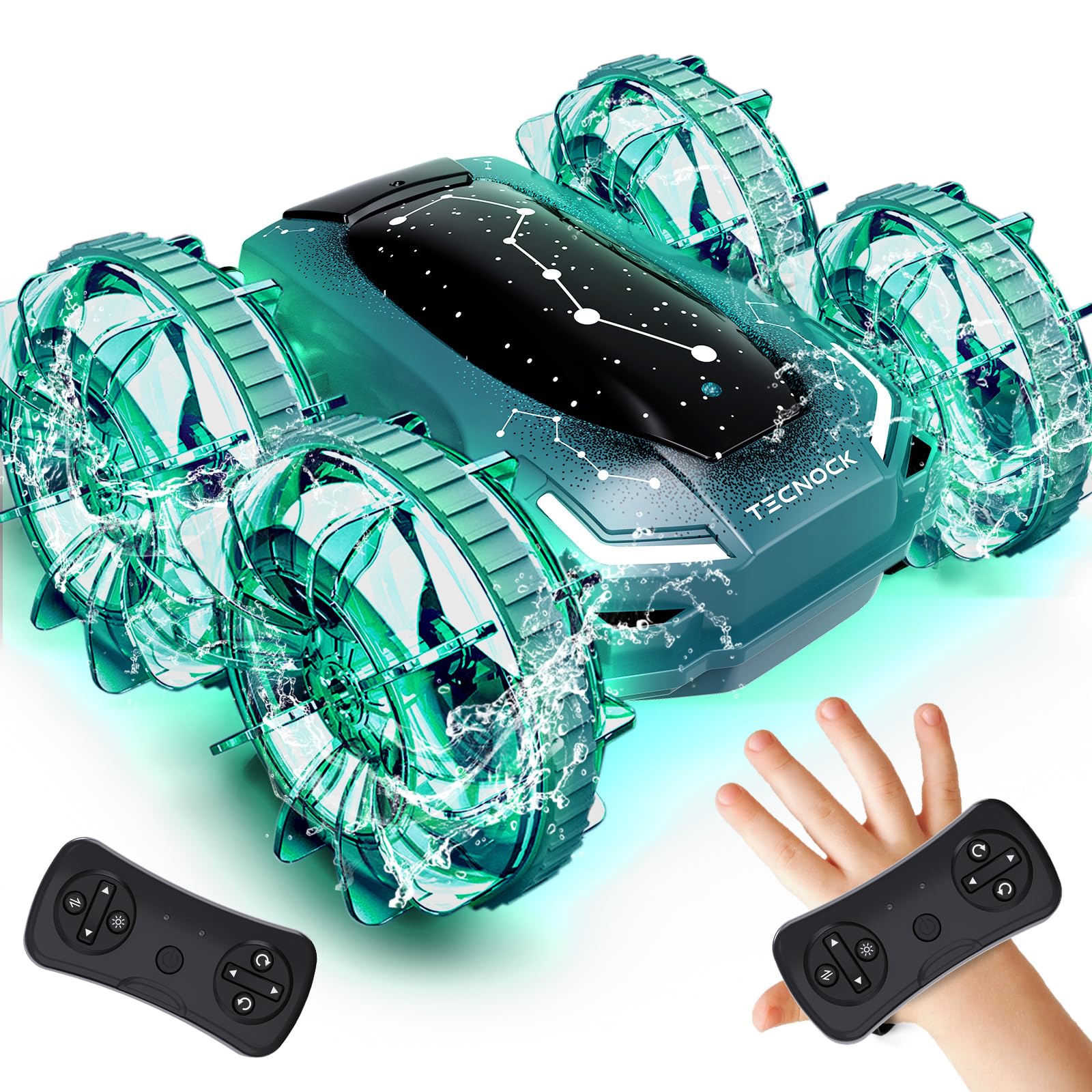 

Tecnock RC Car, Amphibious, USB Magnetic Rechargeable, Gesture Control, 360° Rotation, Double-Sided Driving, Stunt Car for Kids, Gift (Green)