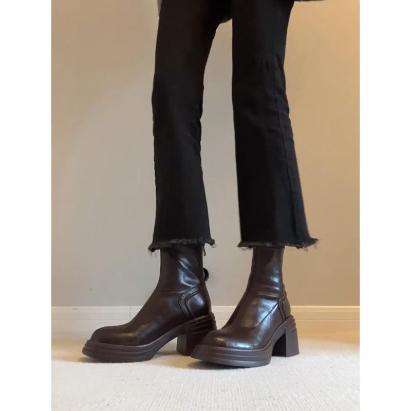 Cowhide version~ retro leather short boots thick-soled heightening Martin boots women's simple rear zipper thick heel retro thin boots