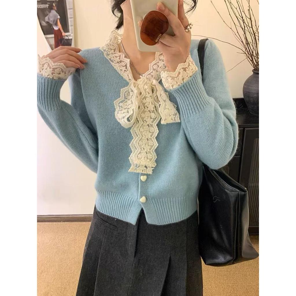 100Kg large size lace bow knitted cardigan jacket fat mm small fragrant style covering meat and showing thin sweater women