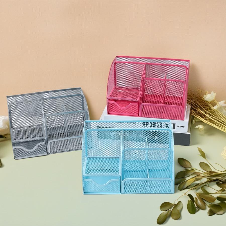 Multi-grid Metal Creative Pen Holder and Pen Bucket; Functional Office Stationery Storage Drawer Storage Box