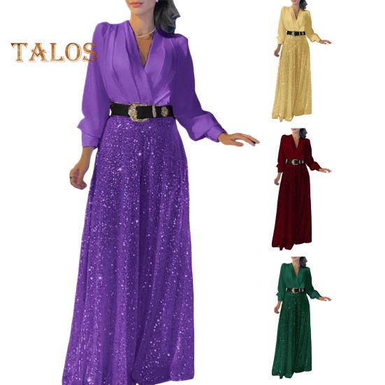 Women's Sequins Jumpsuits Long Sleeve V-Neck Shirt Sparkly Belted Wide Leg Romper Evening Party Overall Pants