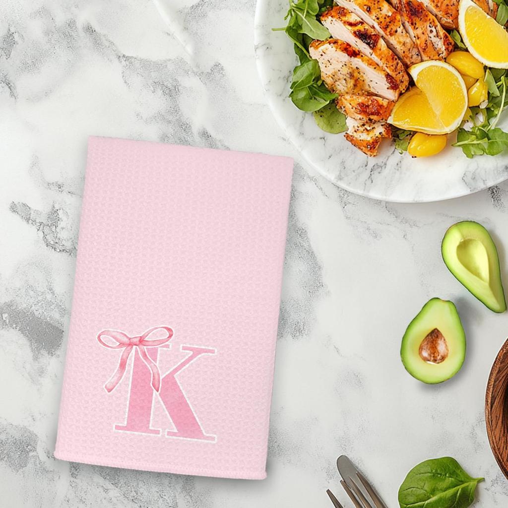 Coquette Pink Bows Personalized Kitchen Towels, Initial K Letter Decor, Pink Monogrammed Hand Towels for Bathroom, Sweet Dish Towels for Kitchen
